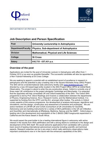 Job Description and Person Specification - Department of Physics ...