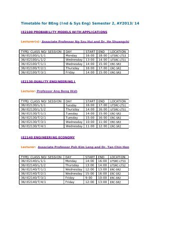 Timetable for Beng (Ind & Sys Eng) Semester 2, AY2012/13