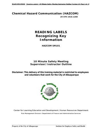 SM101 Instructor Guide READING LABELS version 1.0 - City of ...