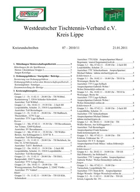 Westdeutscher Tischtennis-Verband e.V. Kreis Lippe