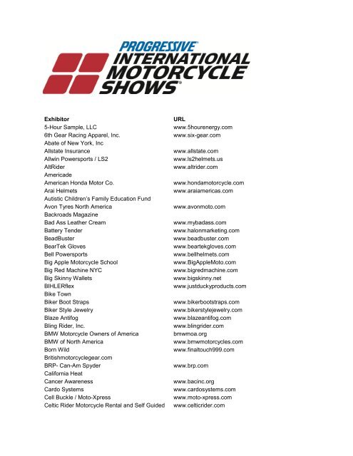 Exhibitor List Progressive International Motorcycle Shows
