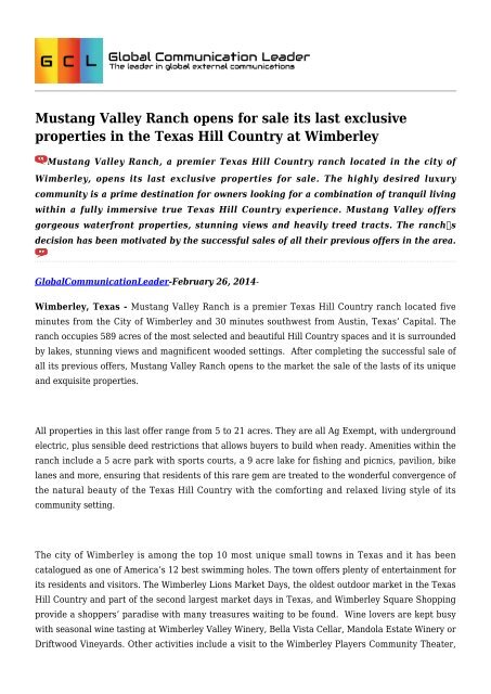 Mustang Valley Ranch opens for sale its last exclusive properties in the Texas Hill Country at Wimberley.pdf