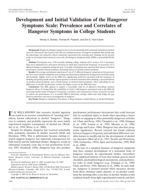 Development and Initial Validation of the Hangover Symptoms Scale ...