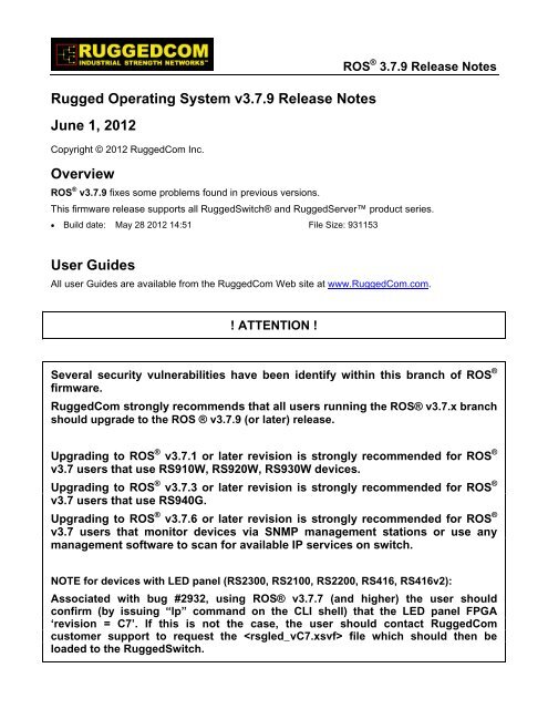 Rugged Operating System V3 7 9 Release Notes Ruggedcom Rugged Operating System V3 7 9 Release Notes Ruggedcom