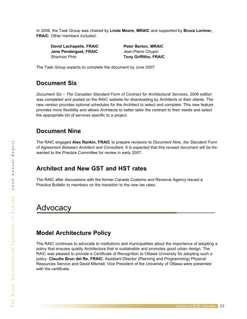 RAIC 2006 Annual Report - Royal Architectural Institute of Canada