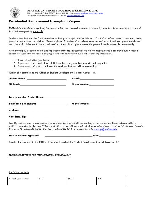 Residential Requirement Exemption Request - Seattle University