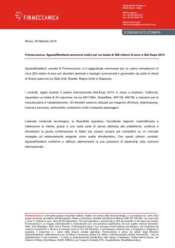 Finmeccanica: AgustaWestland annuncia ordini per 260 milioni di euro a Heli-Expo 2014