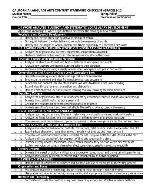 California language arts content standards checklist - English ...