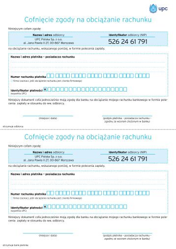OdwoÅanie zgody na obciÄÅ¼anie rachunku - UPC Polska