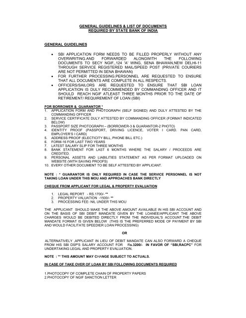 General Guidelines List Of Documents Required By State Bank