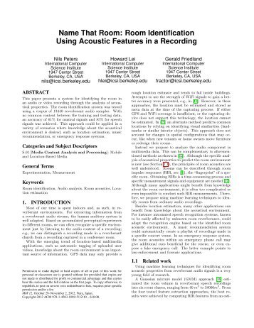 Room Identification Using Acoustic Features in a Recording - CNMAT