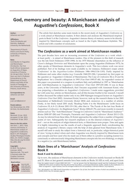 A Manichaean analysis of Augustine's Confessions, Book X - HTS ...