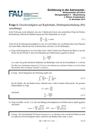 Frage 1: Geschwindigkeit auf Keplerbahn, Drehimpulserhaltung ...