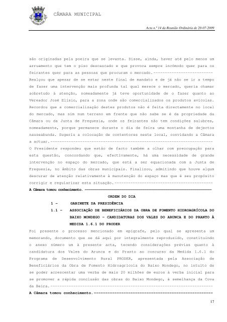 ACTA N.Ã‚Âº 14/2009 REUNIÃƒÂƒO ORDINÃƒÂRIA DE 20-07-2009