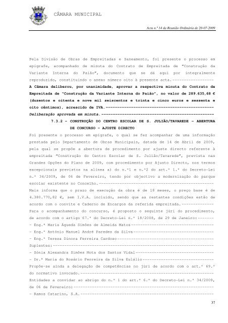 ACTA N.Ã‚Âº 14/2009 REUNIÃƒÂƒO ORDINÃƒÂRIA DE 20-07-2009