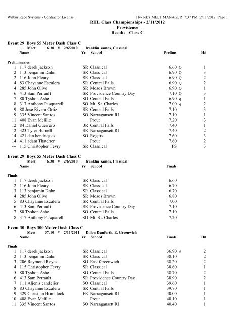 RIIL Class Championships - 2/11/2012 Providence Results ... - RITCA