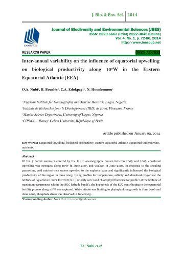 Inter-annual variability on the influence of equatorial upwelling on biological productivity along 10 o W  in  the  Eastern  Equatorial Atlantic (EEA)
