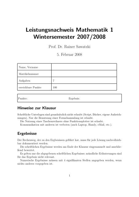 Leistungsnachweis Mathematik 1 Wintersemester 2007/2008