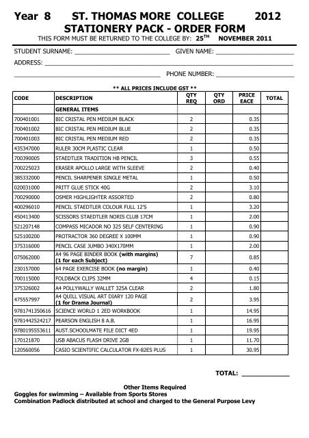 Stationery List 2012 - St Thomas More College