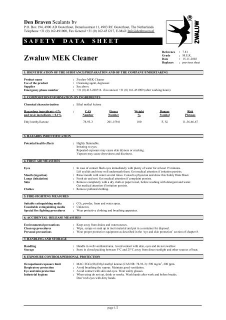 SAFETY DATA SHEET Zwaluw MEK Cleaner - Den Braven