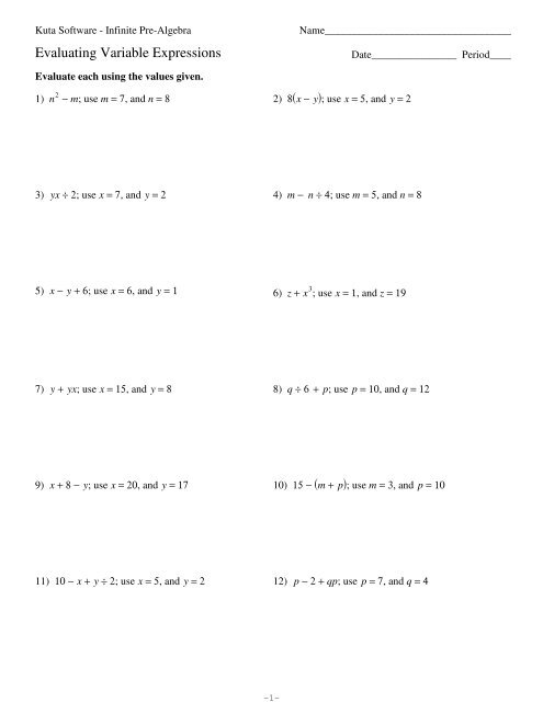 Evaluating Variable Expressions - Kuta Software