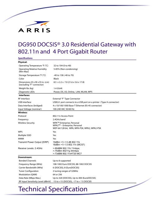 DG950 DOCSISÂ® 3.0 Residential Gateway with 802.11n and ... - Arris