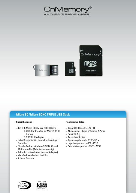 Micro SD / Micro SDHC TRIPLE USB Stick - CnMemory