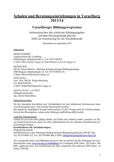 Schulen u. Beratungseinrichtungen in Vbg. – Handbuch