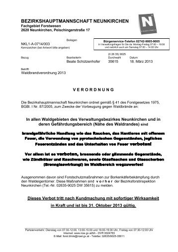 Waldbrandgefahr - Anschreiben der BH Neunkirchen