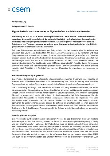 Hightech-Gerät misst mechanische Eigenschaften von ... - Csem