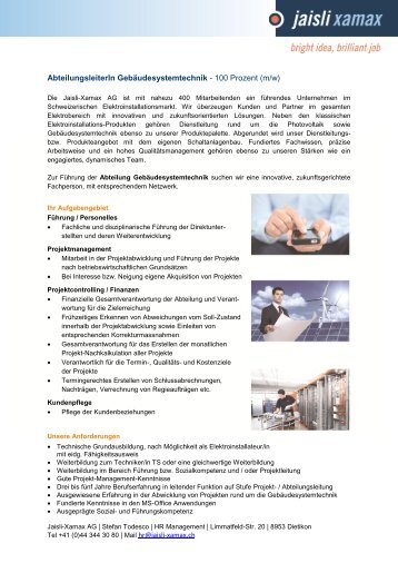 Abteilungsleiter/in Gebäudesystemtechnik - Jaisli-Xamax AG