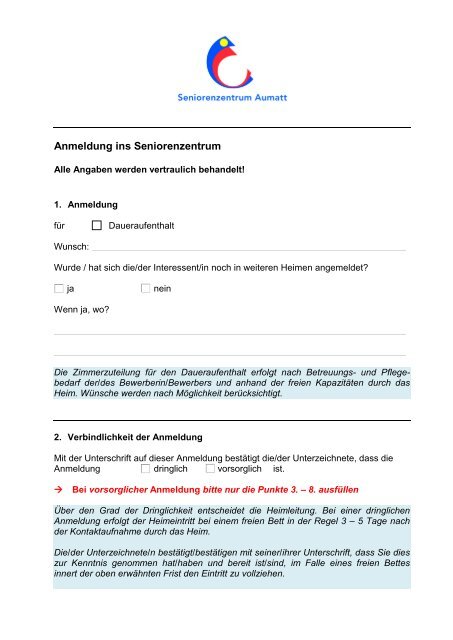 Anmeldeformular - Seniorenzentrum Aumatt