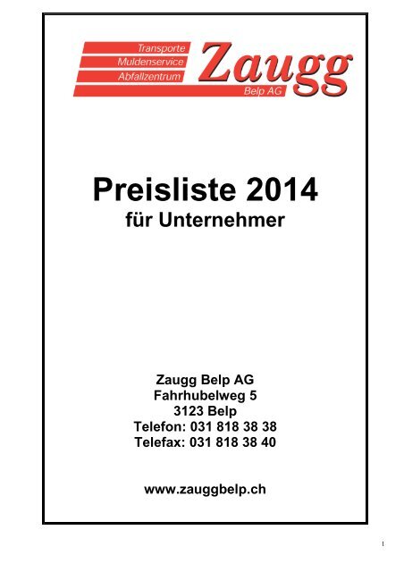Preise Mulden und Transport - Zaugg Belp AG