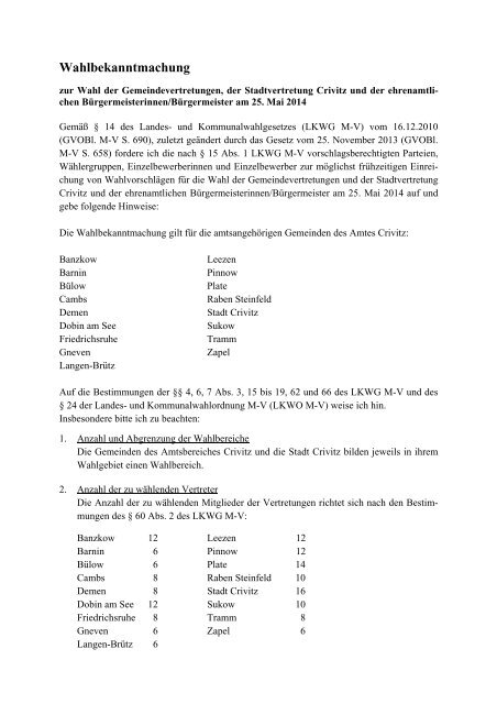 Wahlbekanntmachung - Amt Crivitz