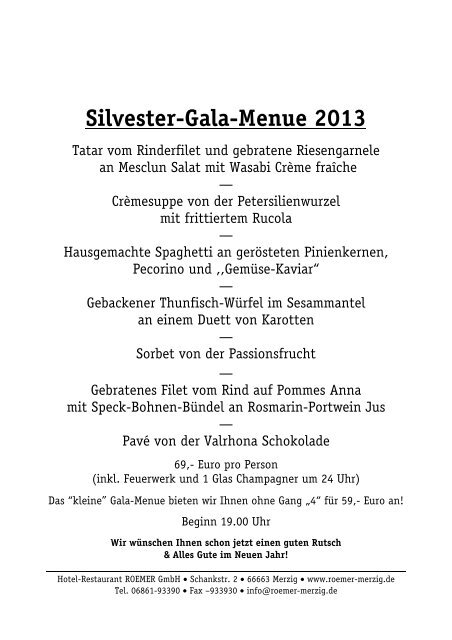 Silvester-Gala-Menue 2013 - vegetarisch - Hotel Restaurant Roemer