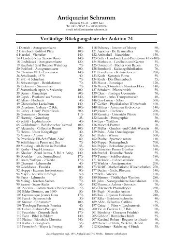 Rückgangsliste Nr. 74 - Antiquariat und Auktionshaus Schramm, Kiel