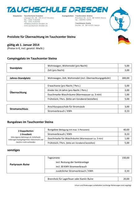 Preisliste für Mietausrüstung & Gasfüllungen gültig ab 1. Januar 2014