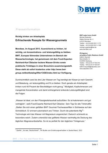 Erfrischende Rezepte für Wassergourmets Presseinformation - BWT