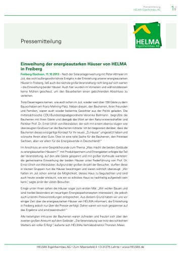 Einweihung der energieautarken Häuser von HELMA in Freiberg