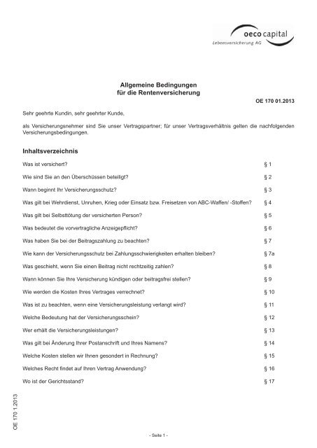 Allgemeine Bedingungen für die Rentenversicherung ... - Oeco Capital