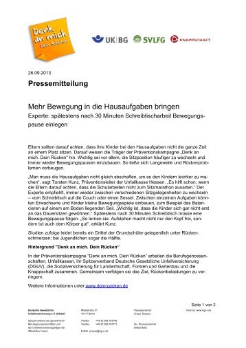 Pressemitteilung Mehr Bewegung in die Hausaufgaben ... - DGUV