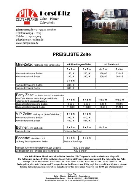 Preisliste - Herzlich Willkommen bei Horst Pilz Zelte und Planen!