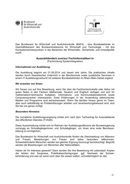 Auszubildende/n zum/zur Fachinformatiker/-in - Bafa