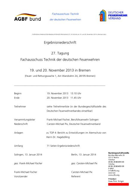 Facharbeit 27. FA Technik am 19. und 20. November 2013 in Bremen