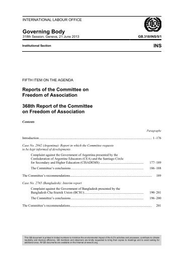 Reports of the Committee on Freedom of Association: 368th Report ...