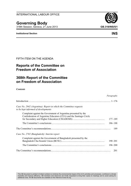 Reports of the Committee on Freedom of Association: 368th Report ...