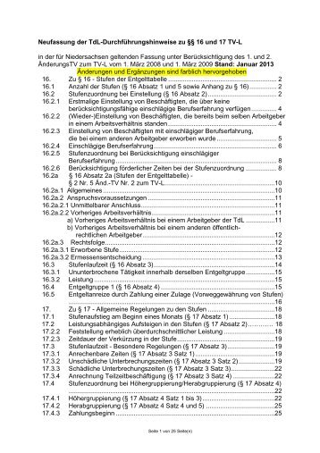 Neufassung der TdL-Durchführungshinweise zu §§ 16 und 17 TV-L