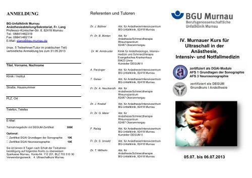 ANMELDUNG IV. Murnauer Kurs für Ultraschall in ... - BGU Murnau