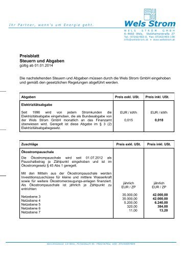 Preisblatt Steuern und Abgaben - im E-Werk Wels