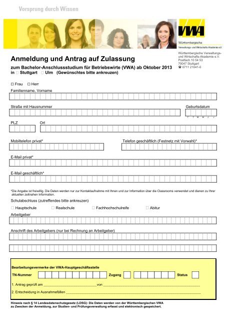 PDF Anmeldeformular (Antrag auf Zulassung) - Württembergische ...